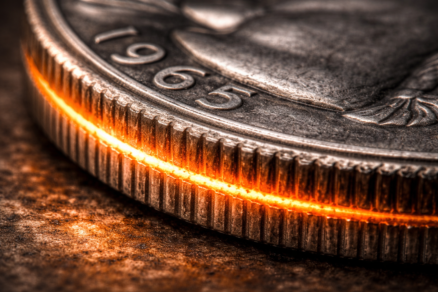 Close up of 1965 quarter edge showing copper stripe