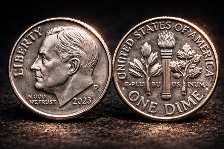 Close up of Roosevelt dime showing fine design details and engraving