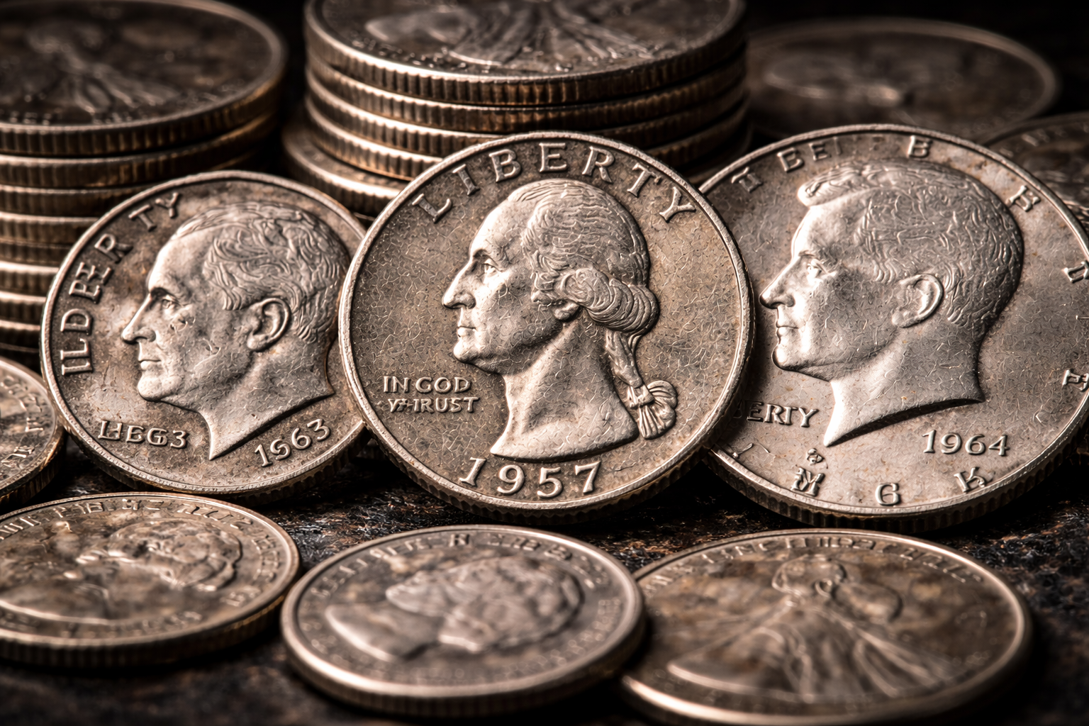 Close up of U.S. silver coins showing dime quarter and half dollar designs