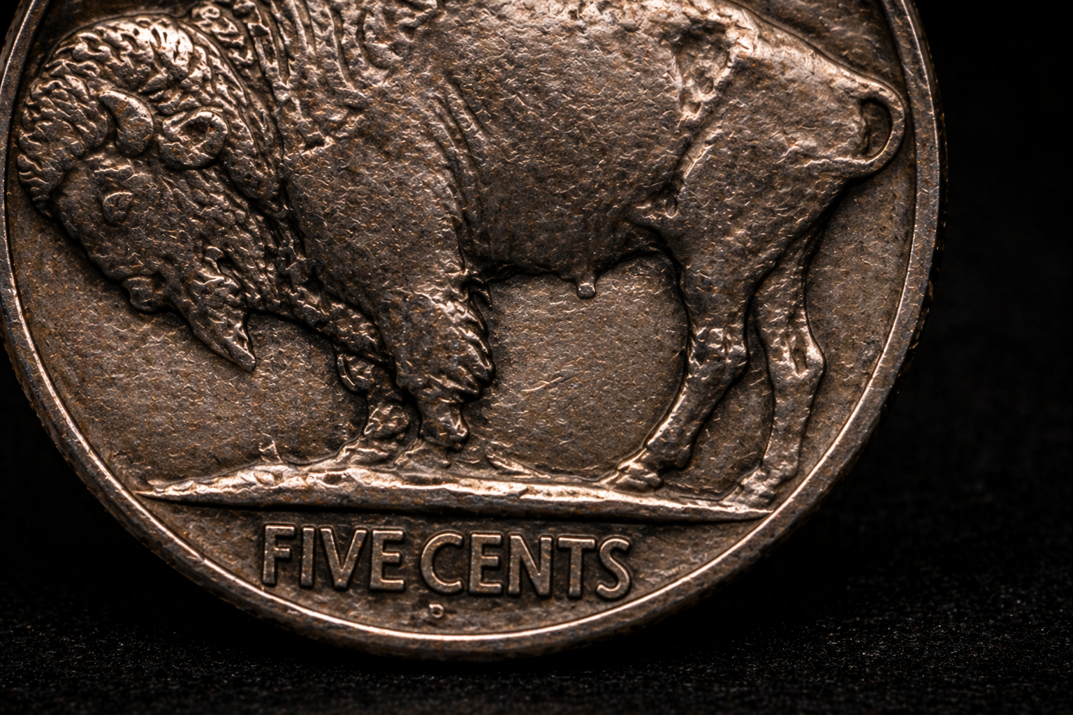 Close up of buffalo nickel showing missing leg detail