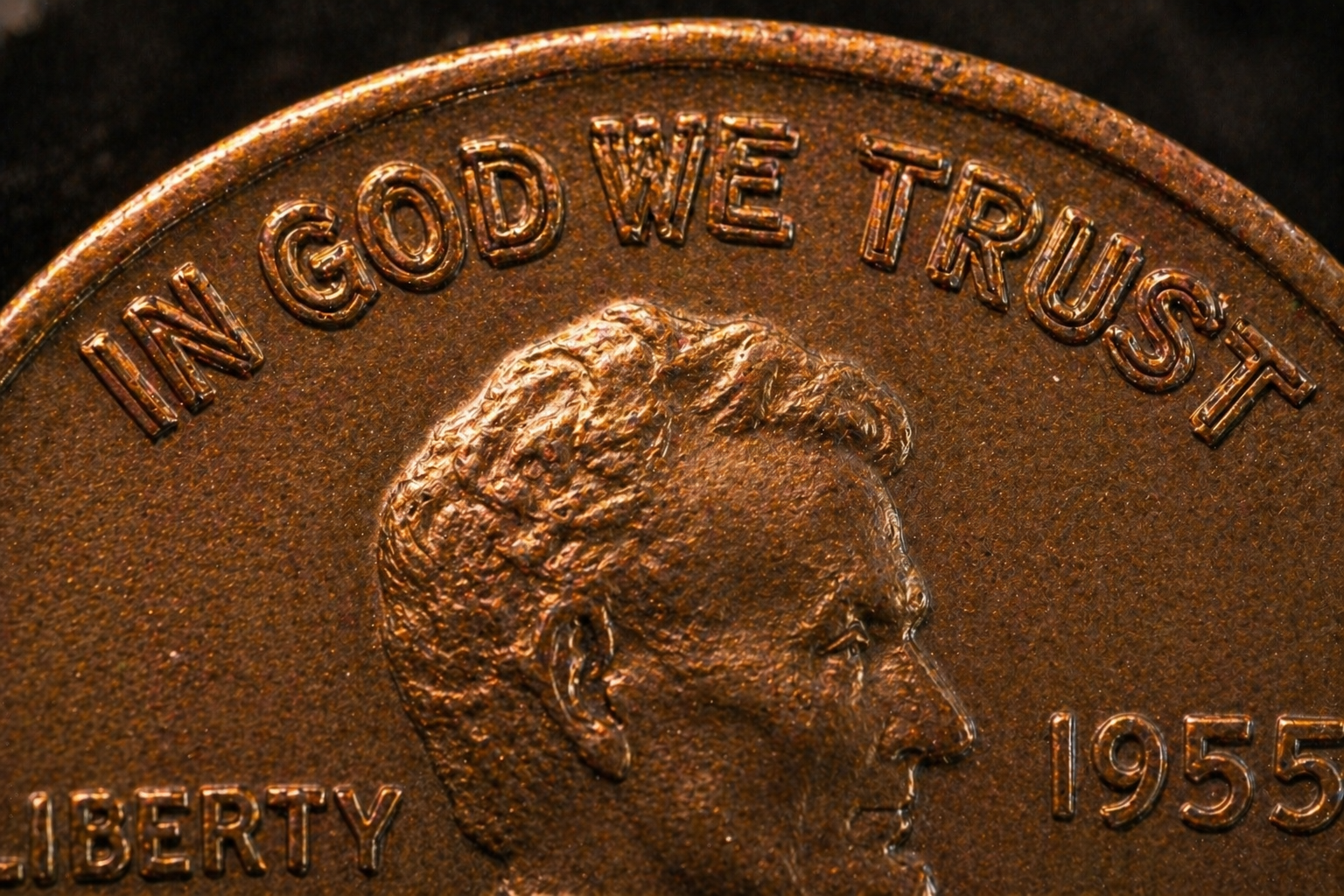 Close up of coin showing doubled die error with duplicated lettering