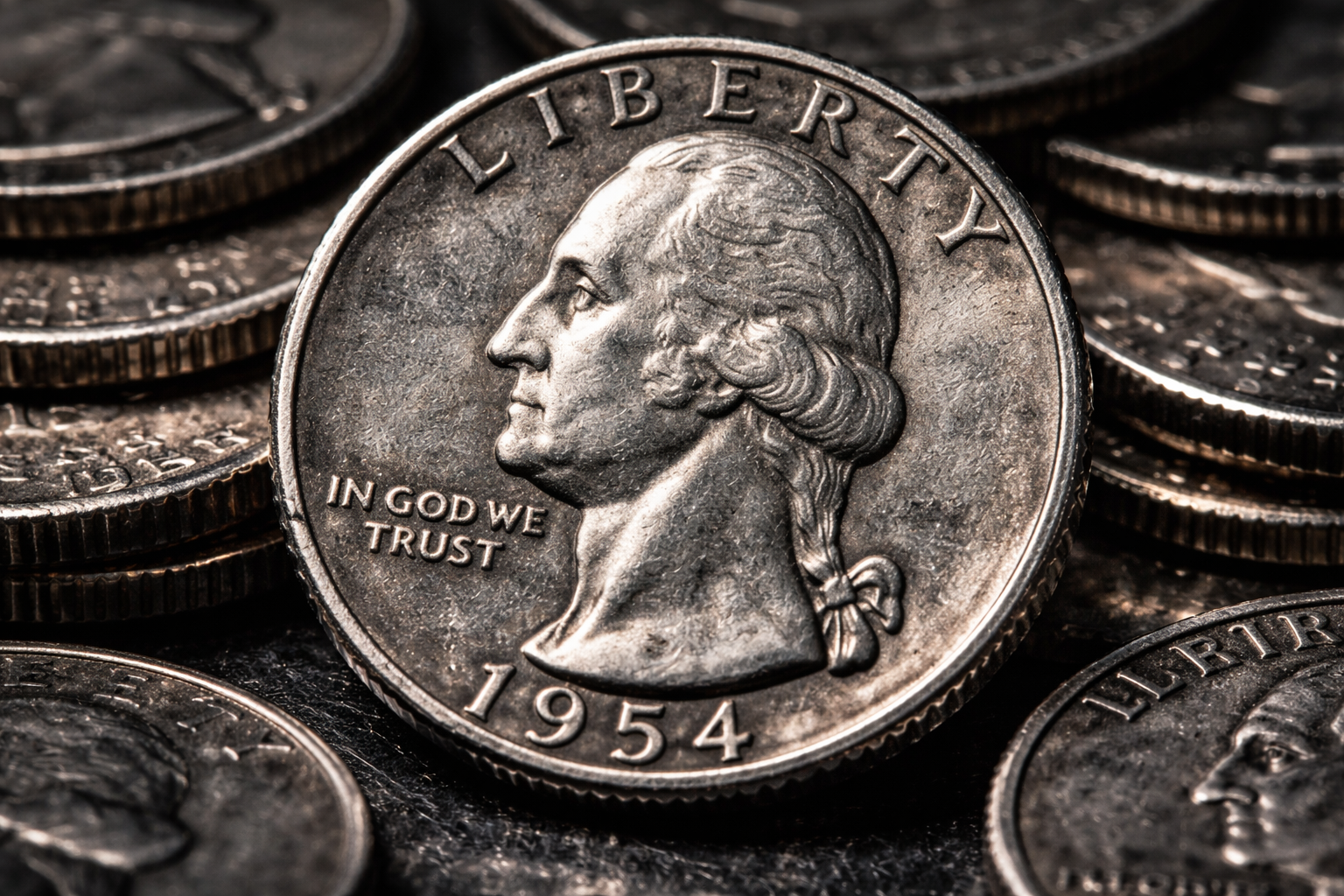 Close up of pre-1965 Washington silver quarter showing detailed design
