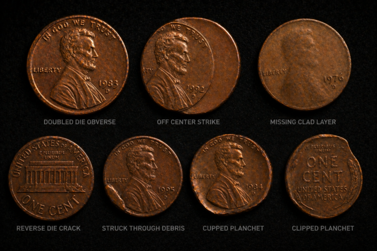 Collection of U.S. coins showing different types of mint errors