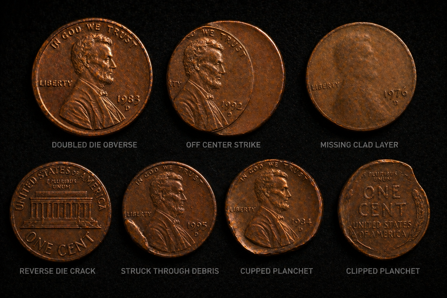 Collection of U.S. coins showing different types of mint errors