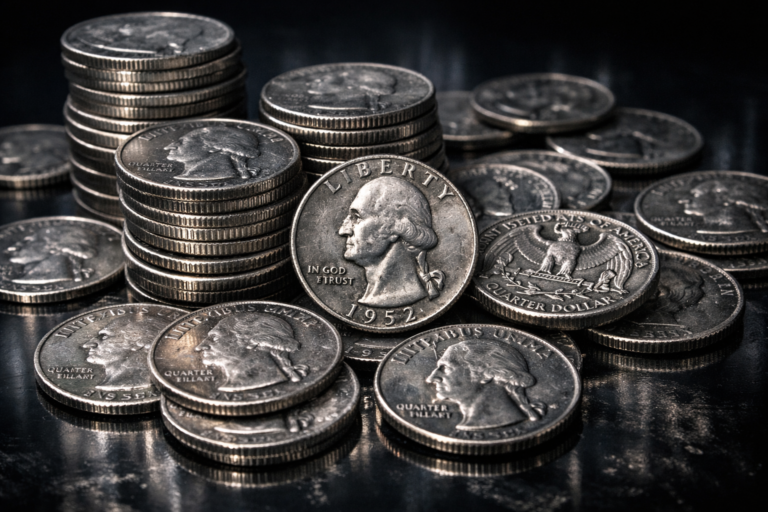Collection of old U.S. silver quarters showing reflective surfaces