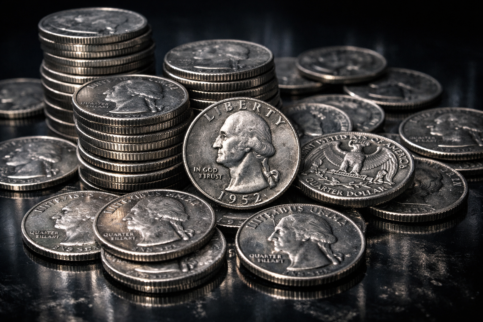 Collection of old U.S. silver quarters showing reflective surfaces