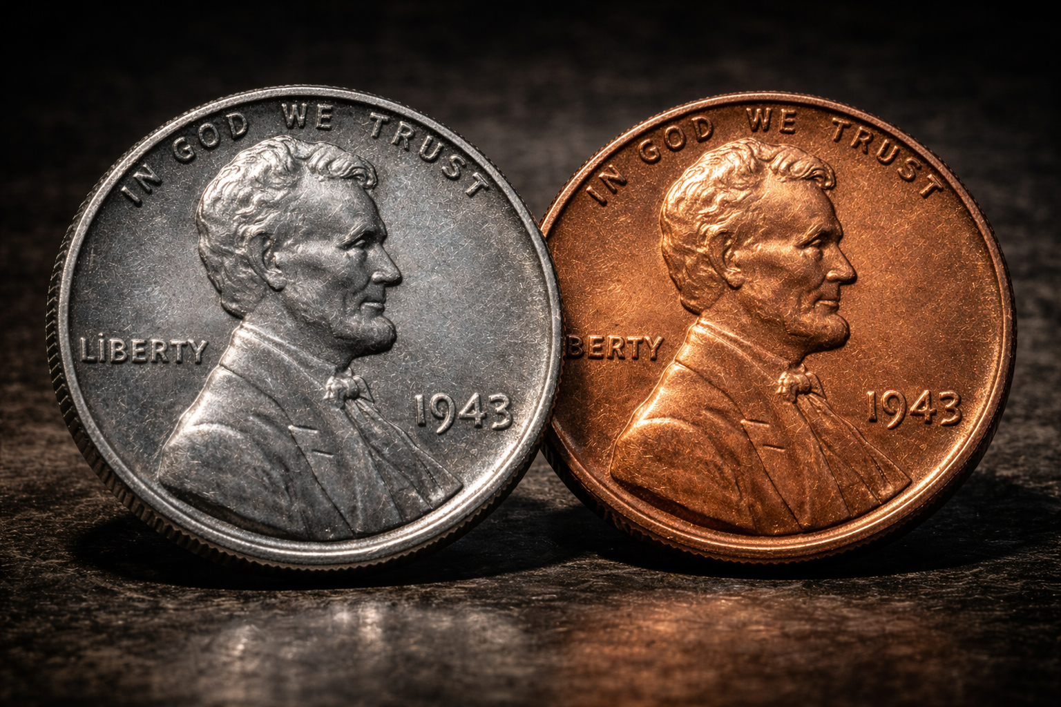 Comparison between 1943 steel penny and copper penny showing color difference