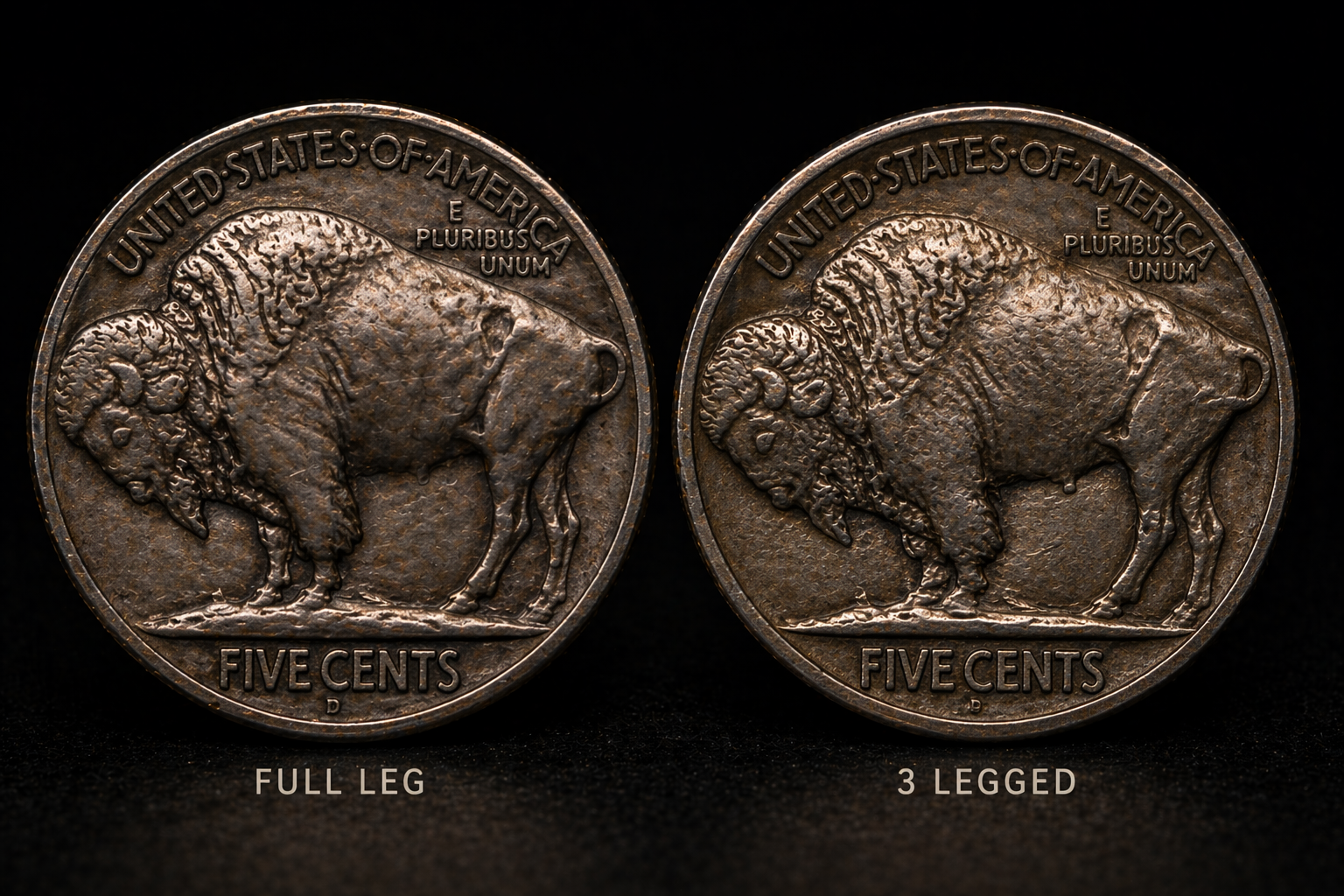 Comparison between normal buffalo nickel and 3 legged version