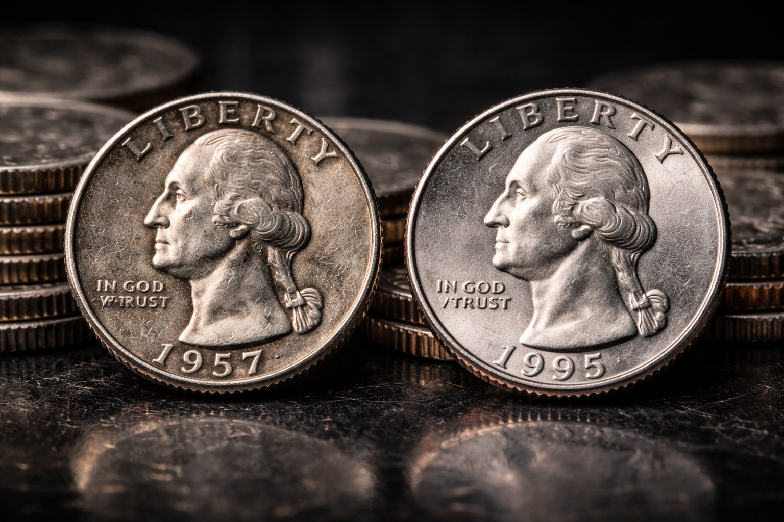 Comparison between silver quarter before 1965 and modern clad quarter