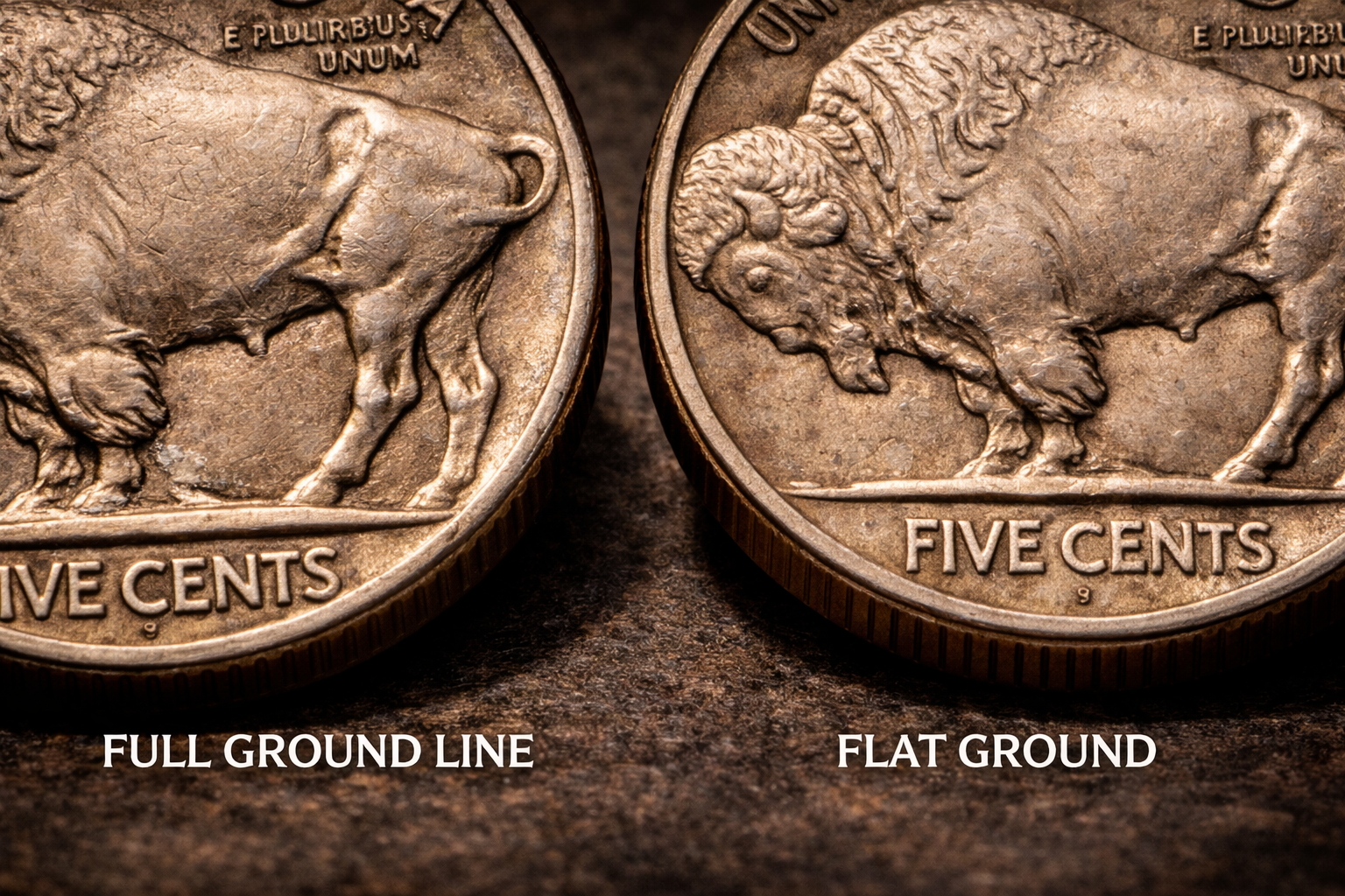 Comparison of Buffalo nickel ground line and flat ground showing leg detail difference