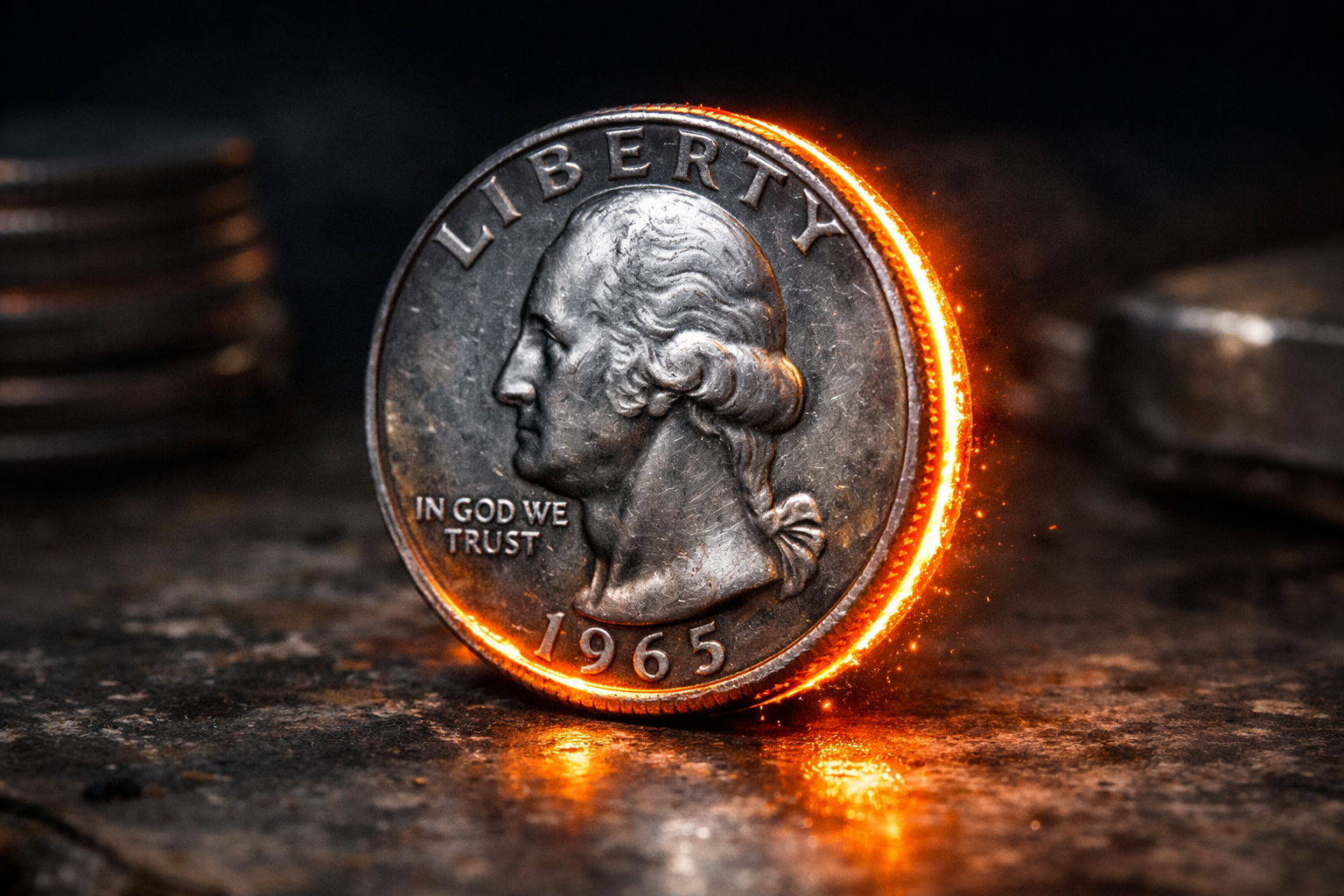 1965 Washington quarter showing copper edge stripe indicating clad composition