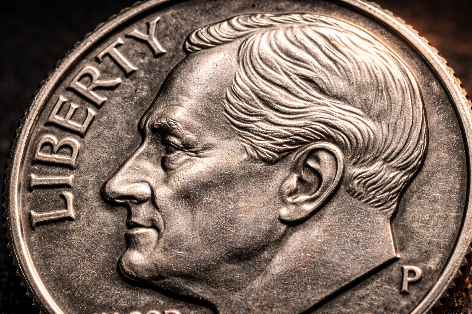 Macro close up of Roosevelt portrait on dime showing fine hair details