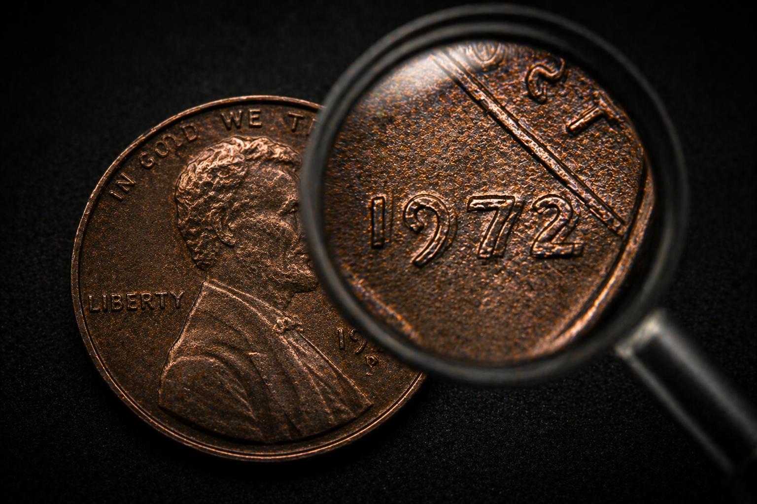 Magnifying glass examining coin surface revealing hidden details