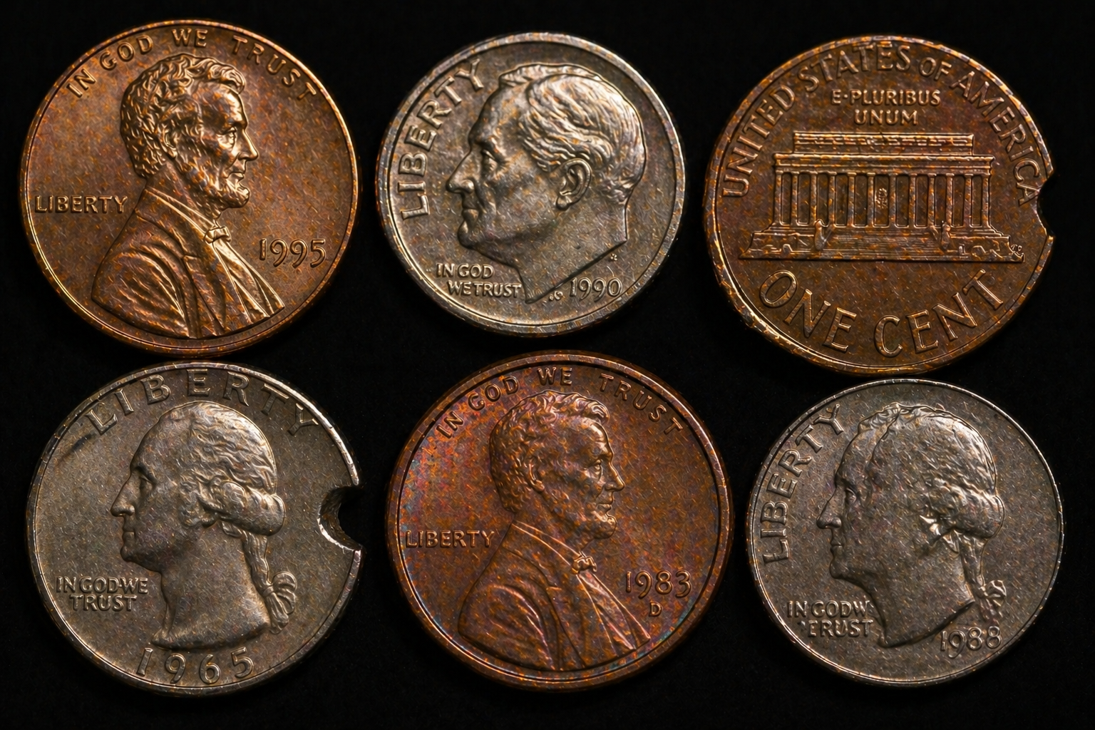 Multiple U.S. coins showing different types of mint errors