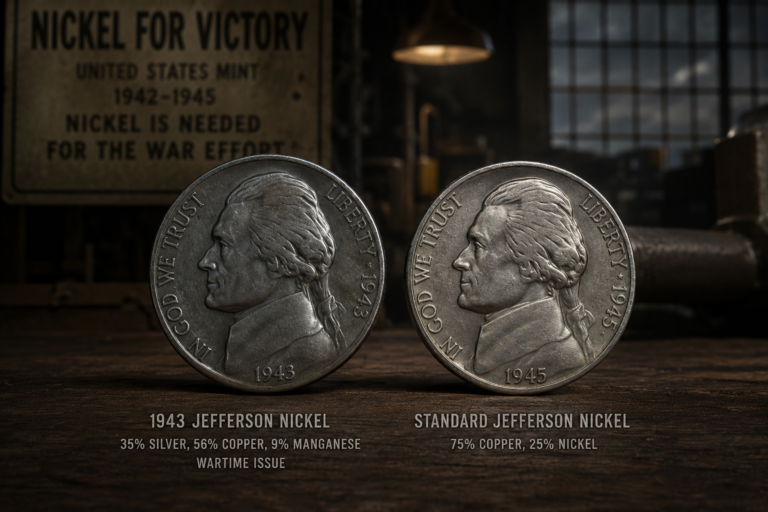1943 wartime Jefferson nickel beside a regular nickel showing the wartime metal change