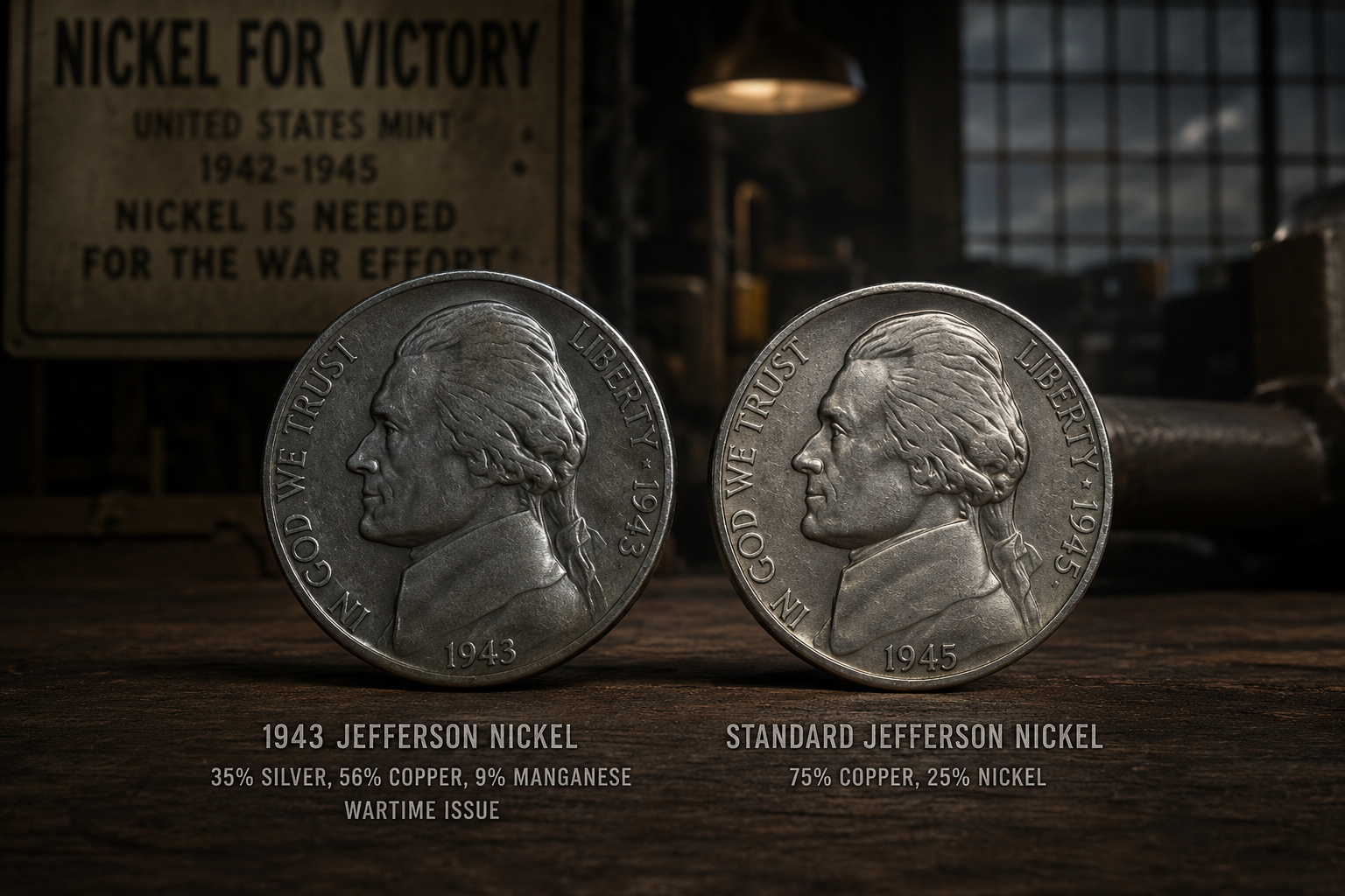 1943 wartime Jefferson nickel beside a regular nickel showing the wartime metal change