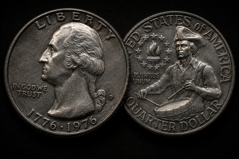 1976 Bicentennial quarter showing drummer boy design and dual date