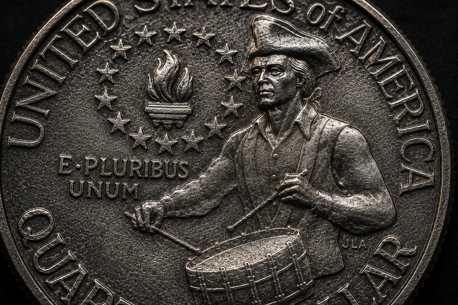 Close up of drummer boy design on 1976 Bicentennial quarter