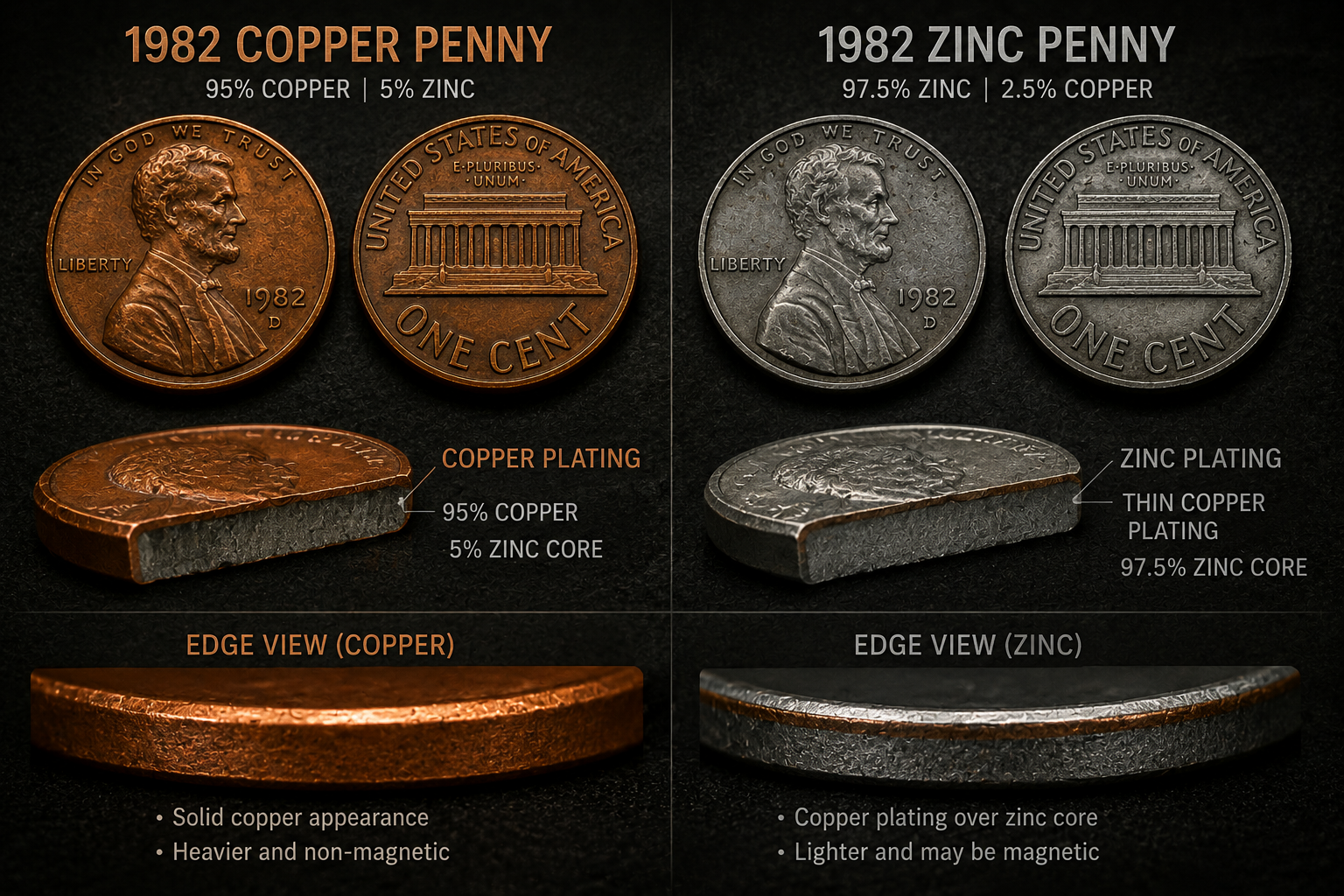 Comparison between copper and zinc 1982 pennies