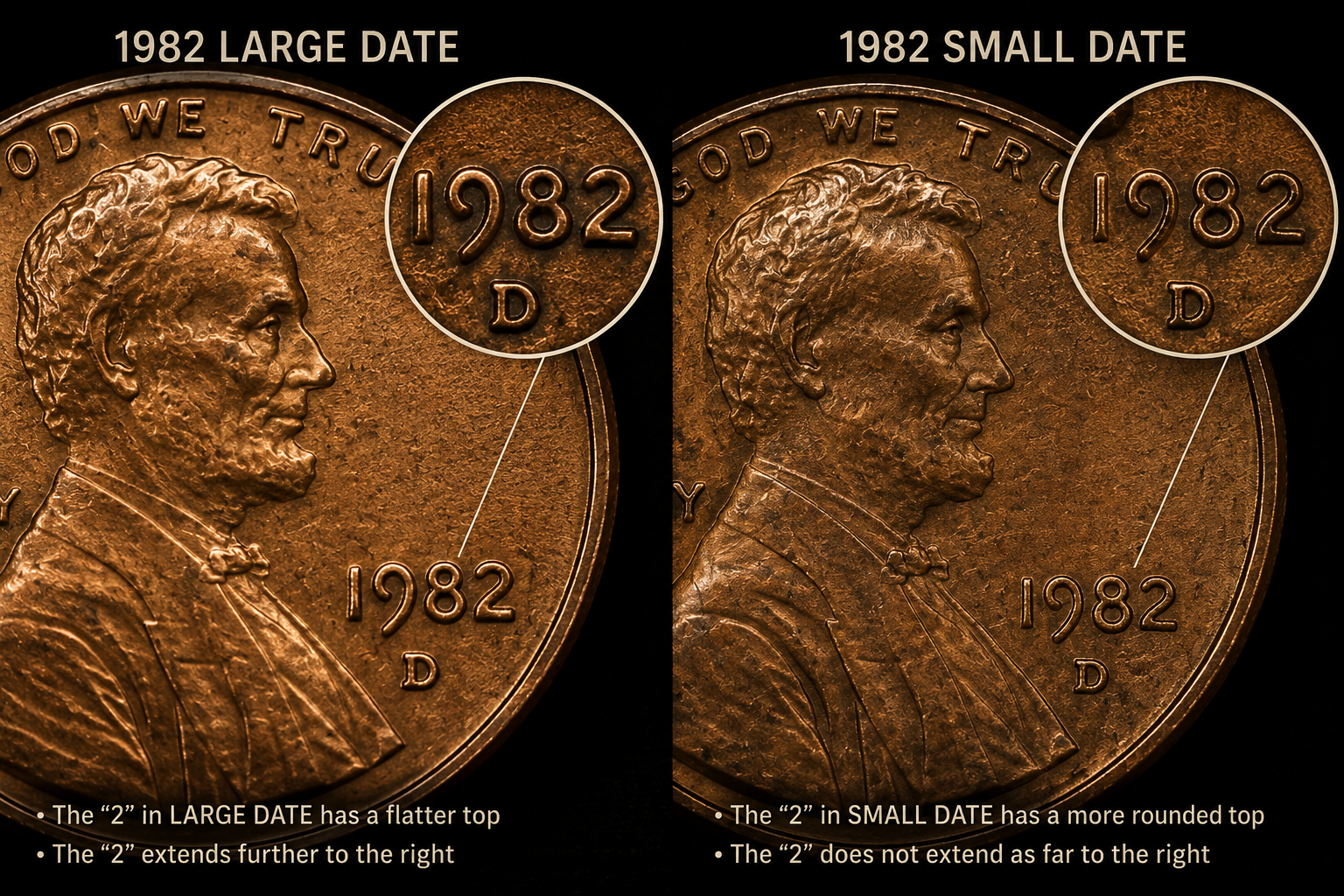 Comparison between large date and small date 1982 pennies