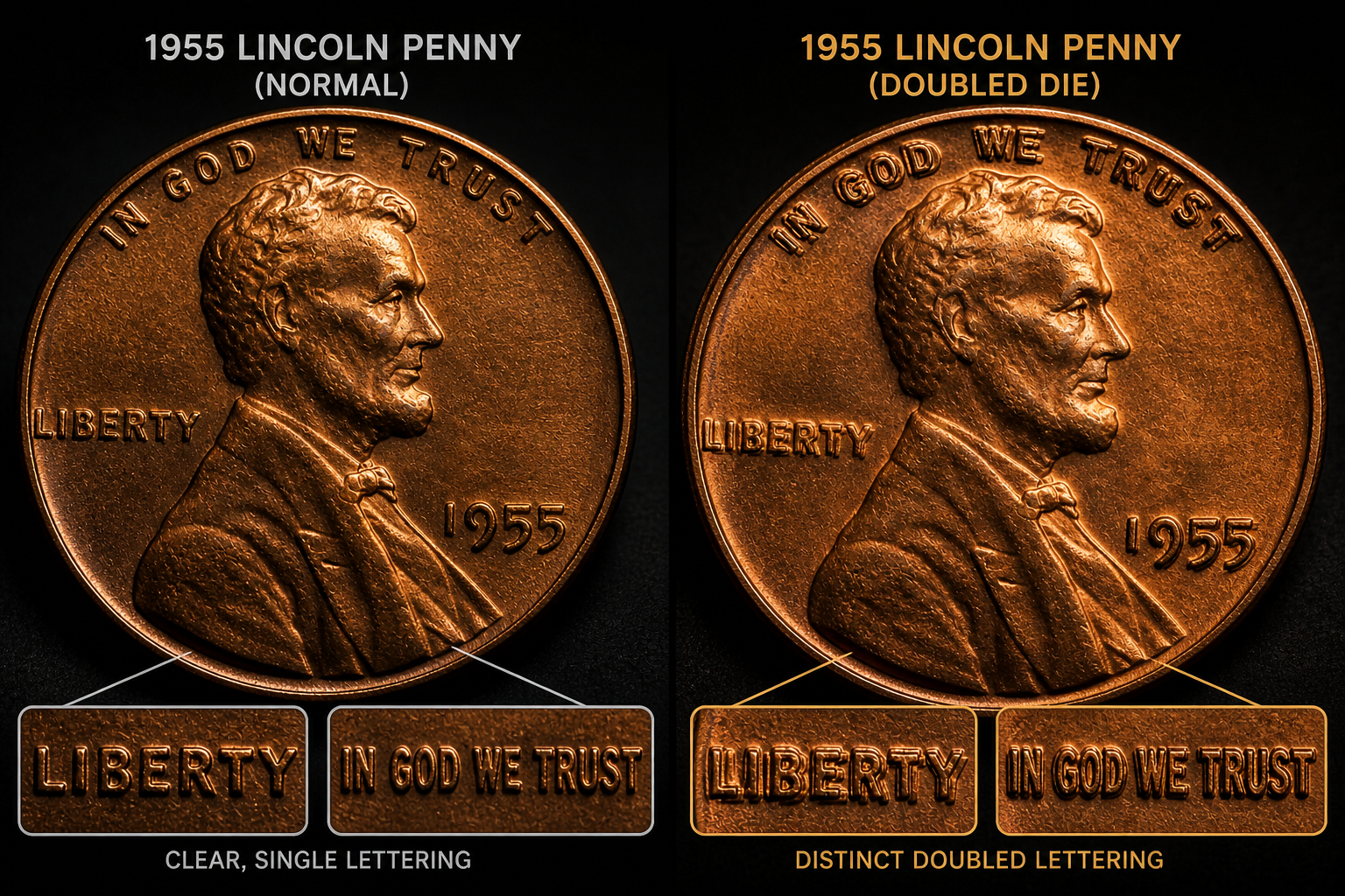 Comparison between normal 1955 penny and doubled die version