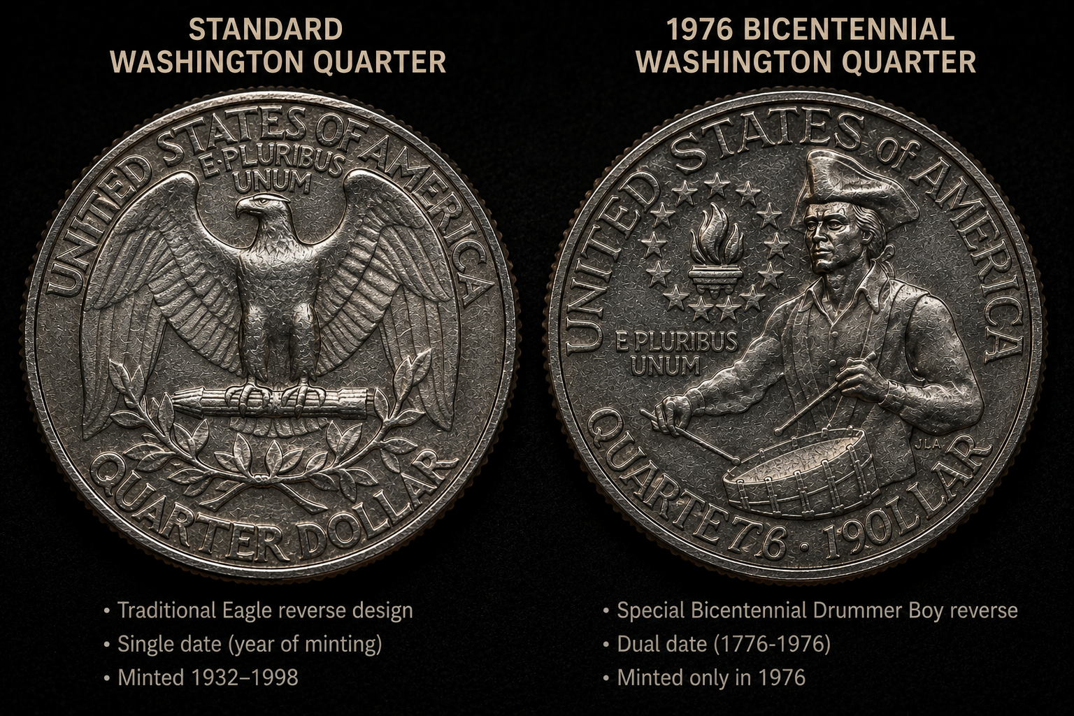 Comparison between normal Washington quarter and 1976 Bicentennial quarter