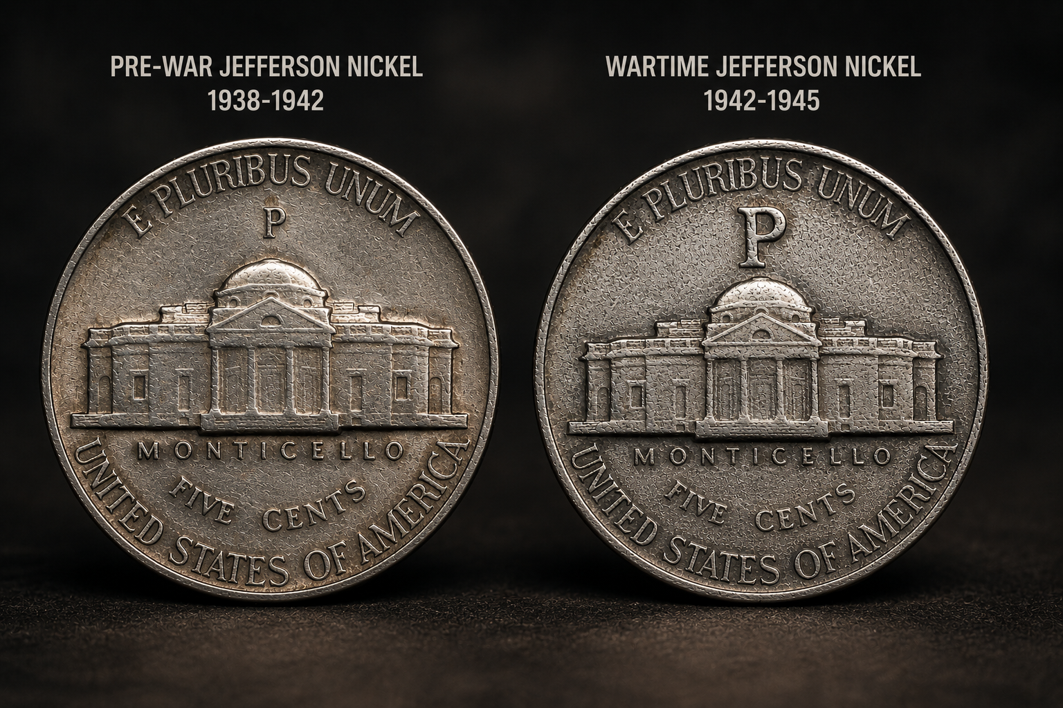 Comparison between regular Jefferson nickel and wartime nickel mint marks