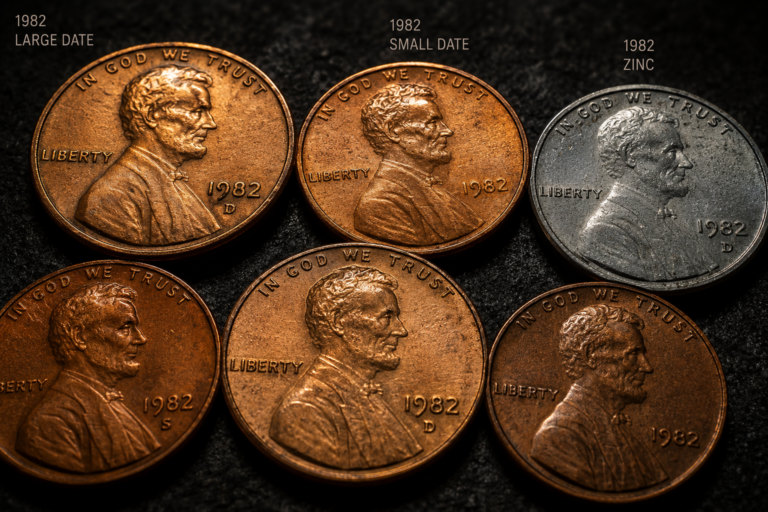 Different versions of the 1982 Lincoln penny showing date and composition variations