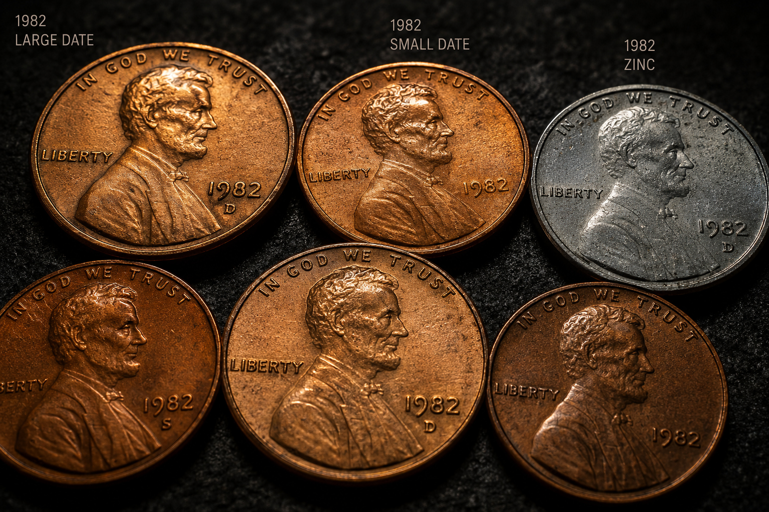 Different versions of the 1982 Lincoln penny showing date and composition variations