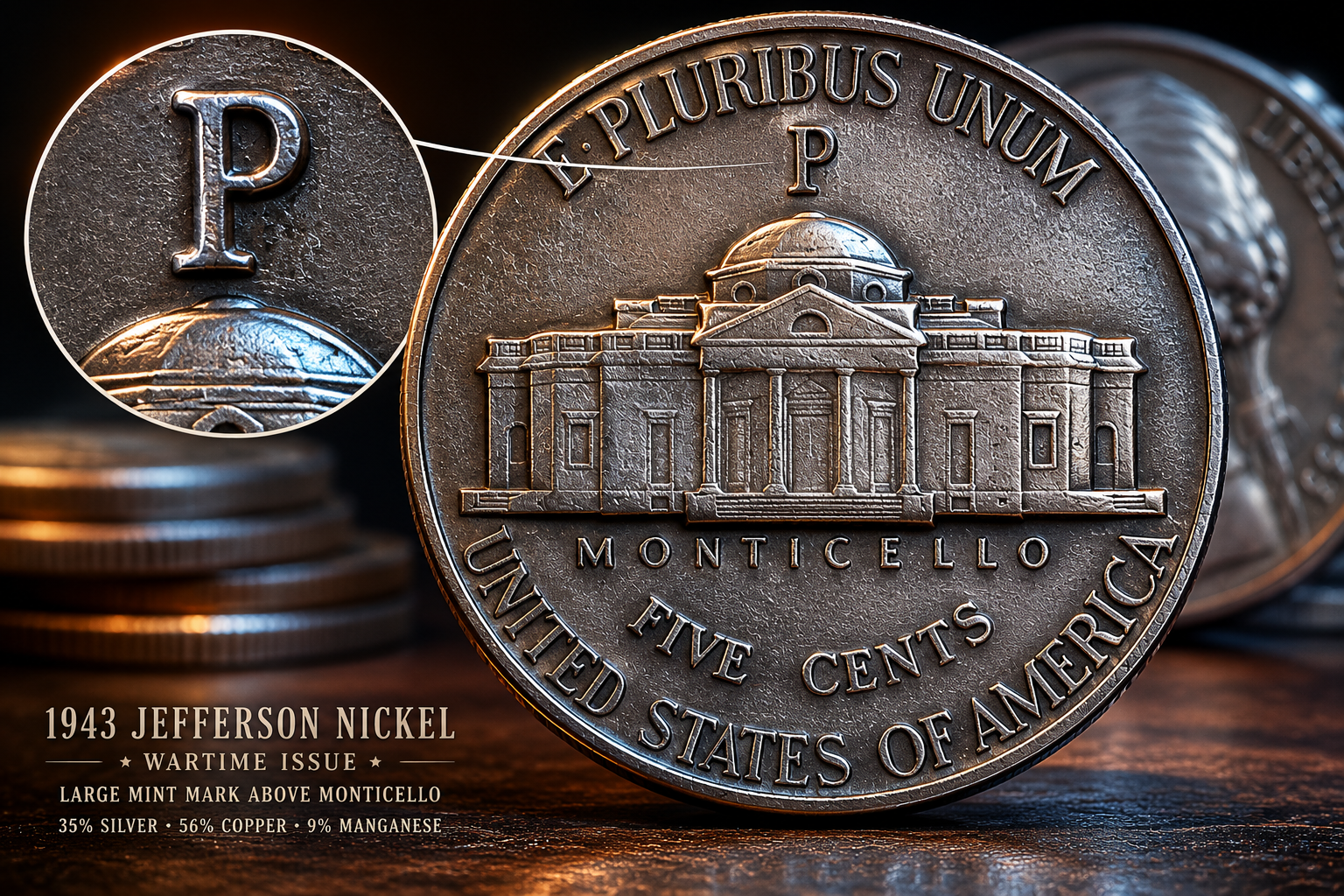Jefferson wartime nickels from the World War II era on a desk