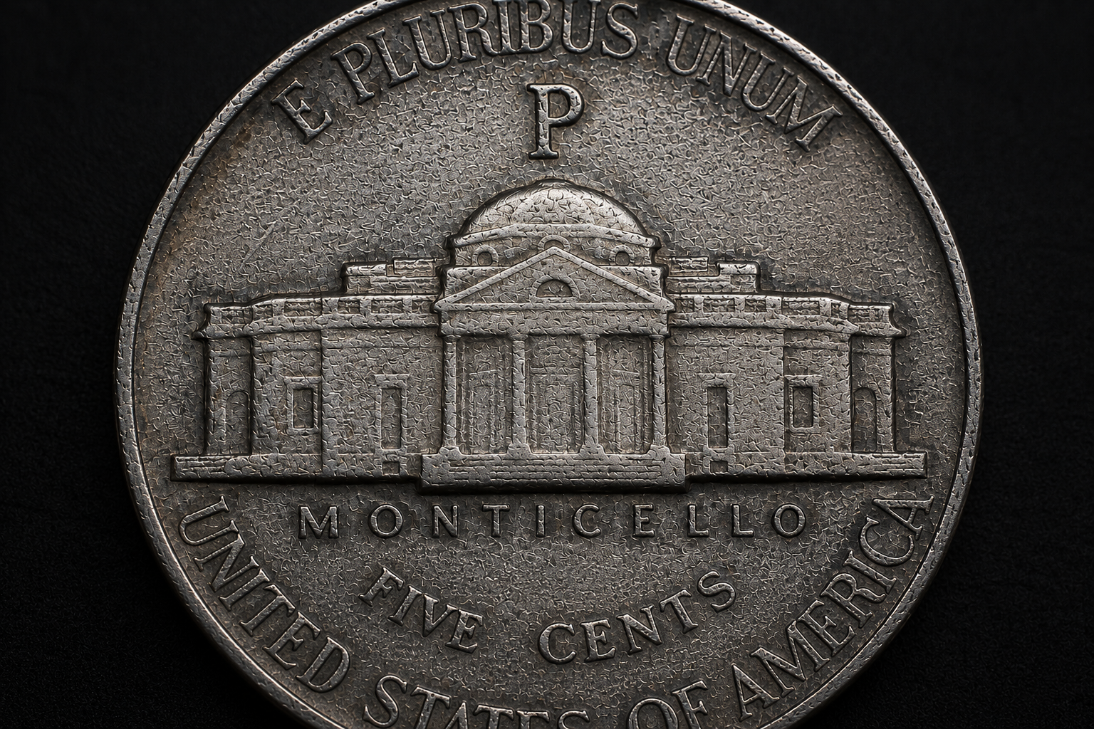 Large P mint mark above Monticello on a 1943 wartime nickel