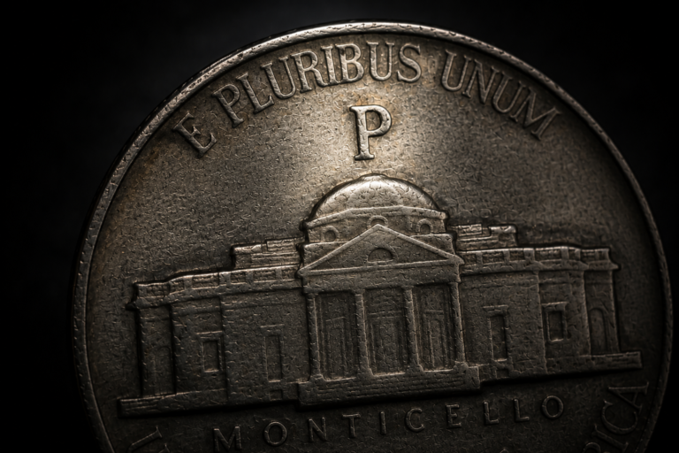 Wartime Jefferson nickel showing a large mint mark above Monticello