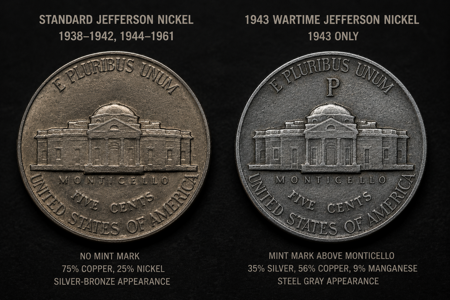 Comparison between a regular Jefferson nickel and a 1943 wartime nickel