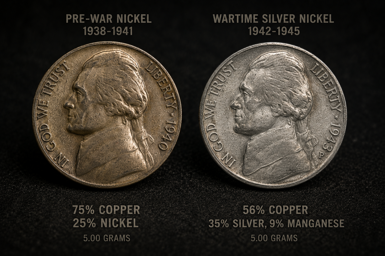 Comparison between a regular Jefferson nickel and a wartime silver alloy nickel