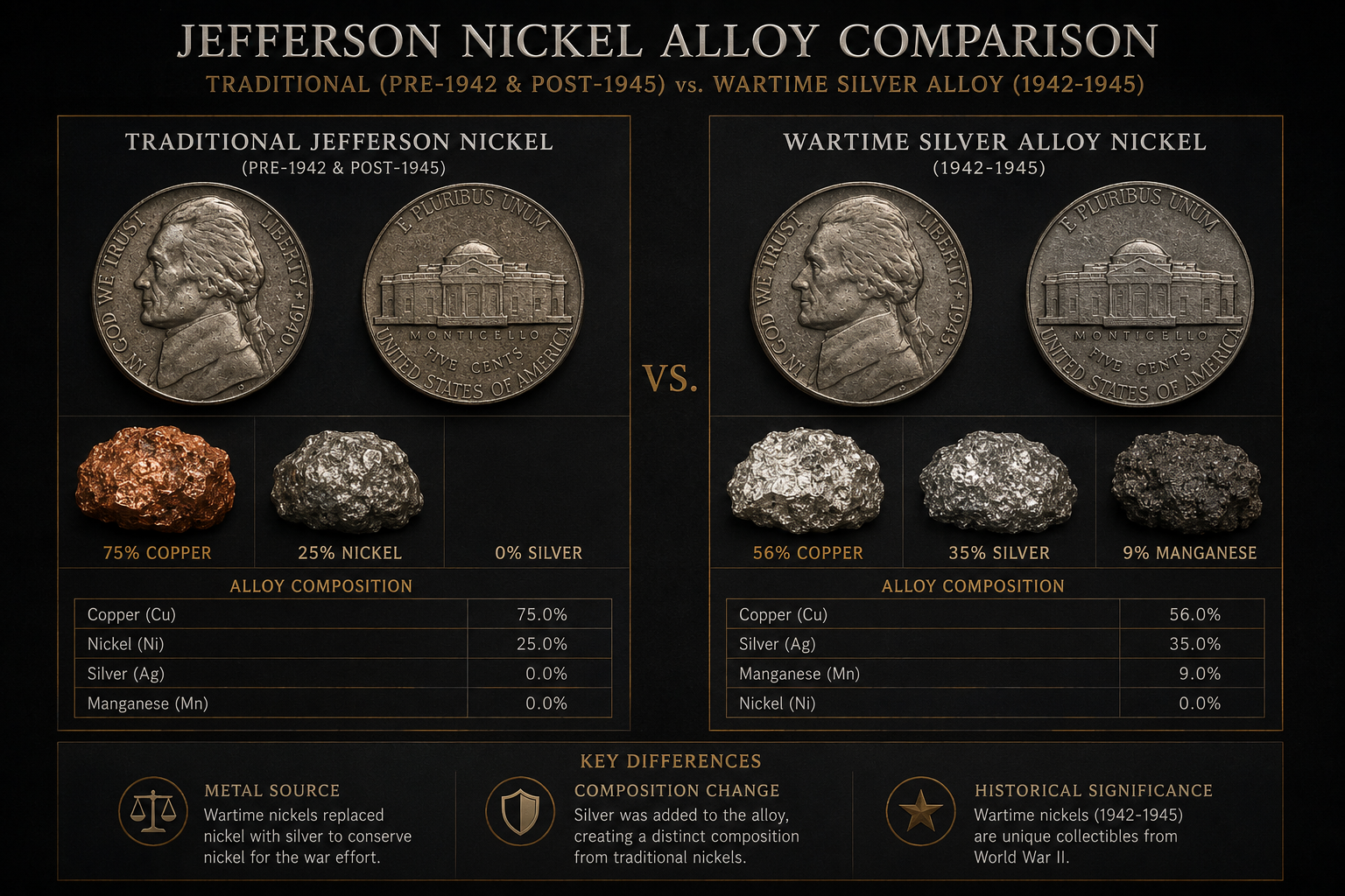Comparison between traditional Jefferson nickel alloy and wartime alloy