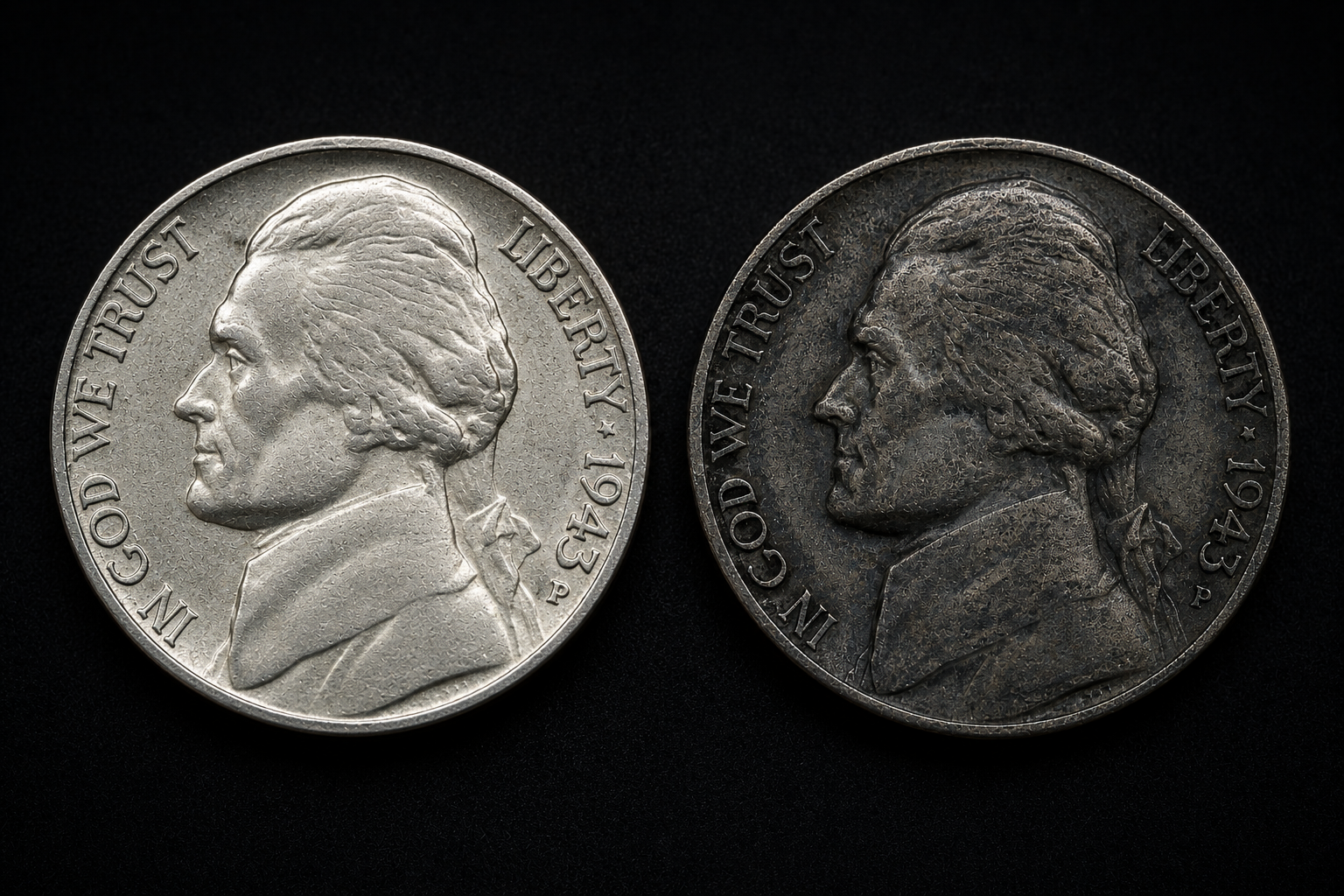 Comparison of bright and gray wartime Jefferson nickels