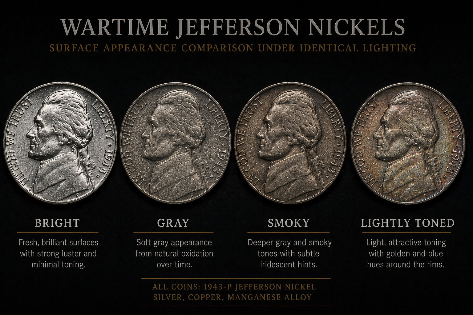 Different natural aging patterns on wartime Jefferson nickels