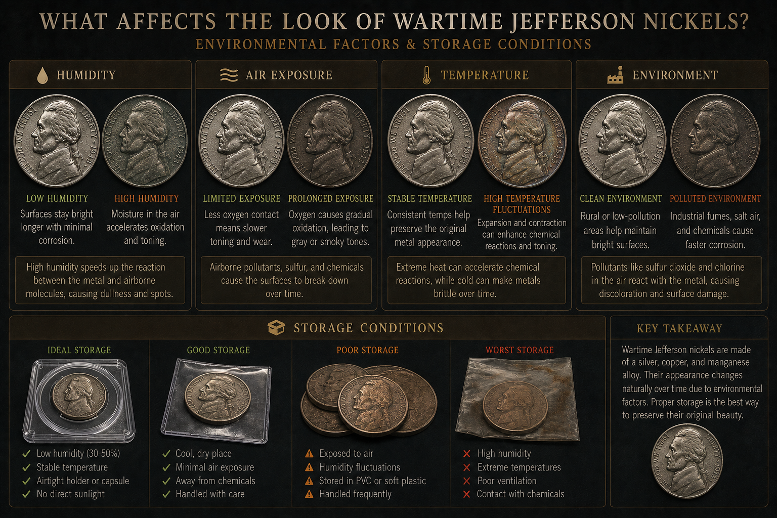 Environmental factors affecting the aging of wartime Jefferson nickels