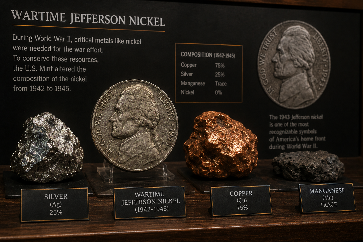 Silver copper and manganese used in wartime Jefferson nickel alloy