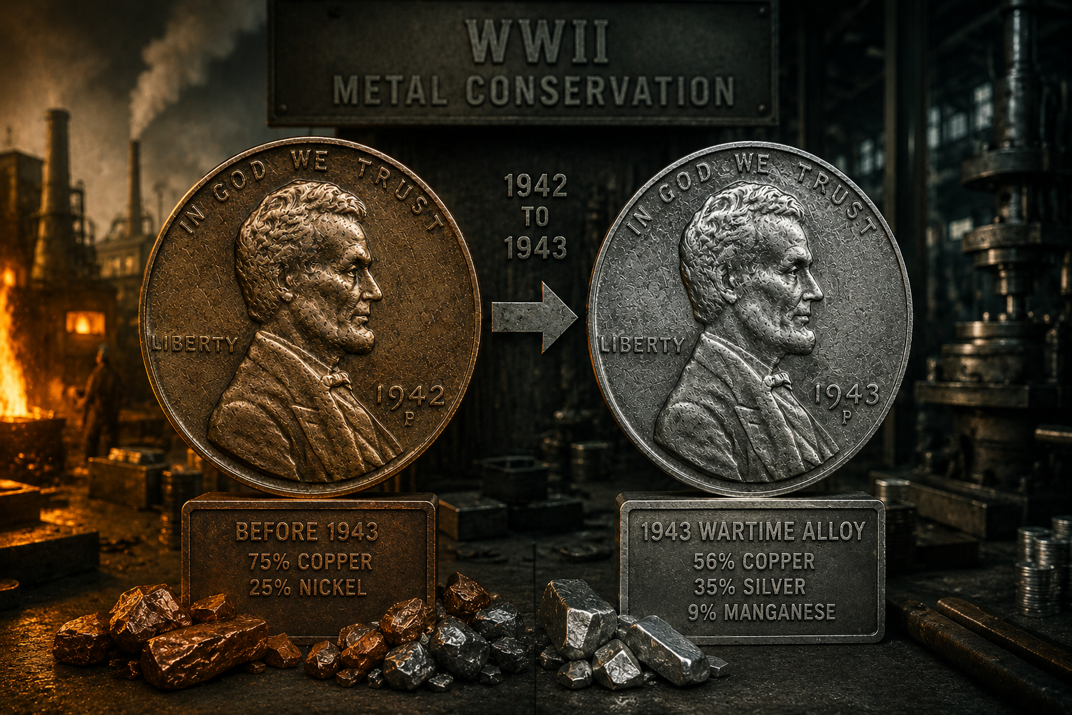 Wartime Jefferson nickel representing the removal of nickel metal during World War II