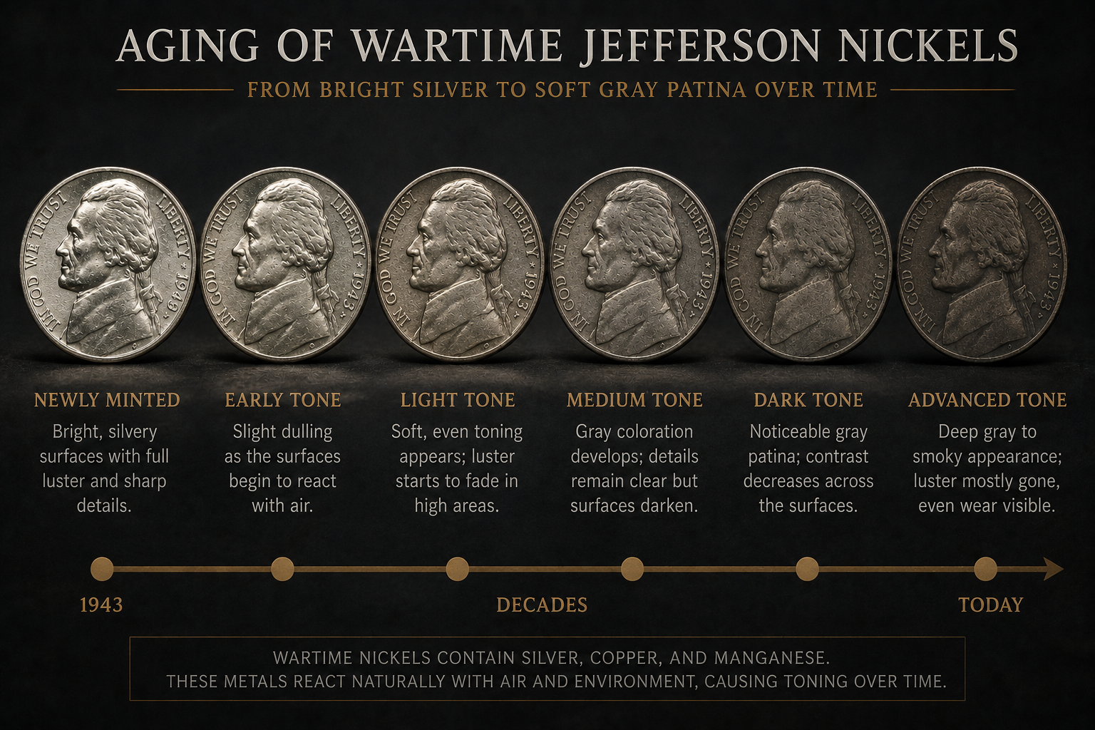 Wartime Jefferson nickels showing different stages of natural aging