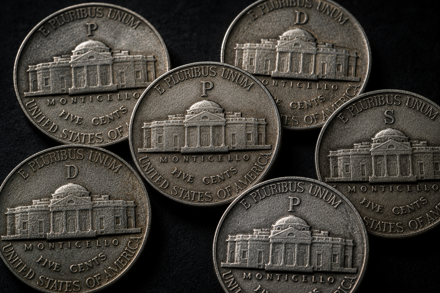 Wartime Jefferson nickels showing gray and silver surface tones