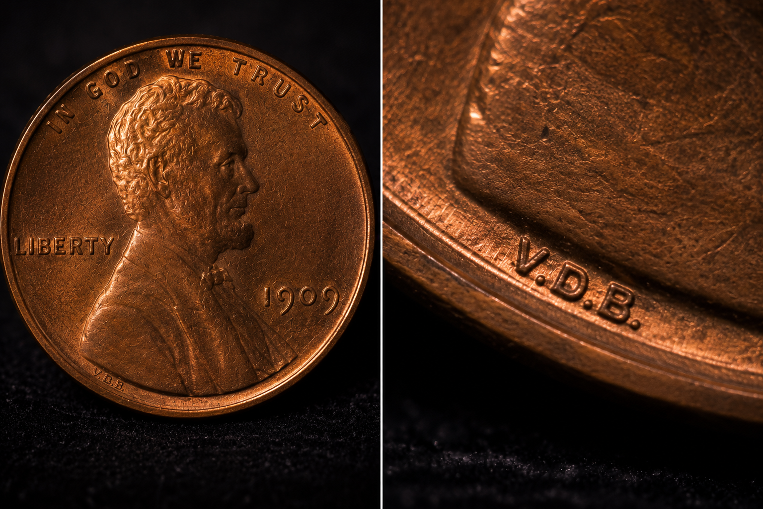 Comparison showing the location of the VDB initials on a Lincoln Wheat Penny