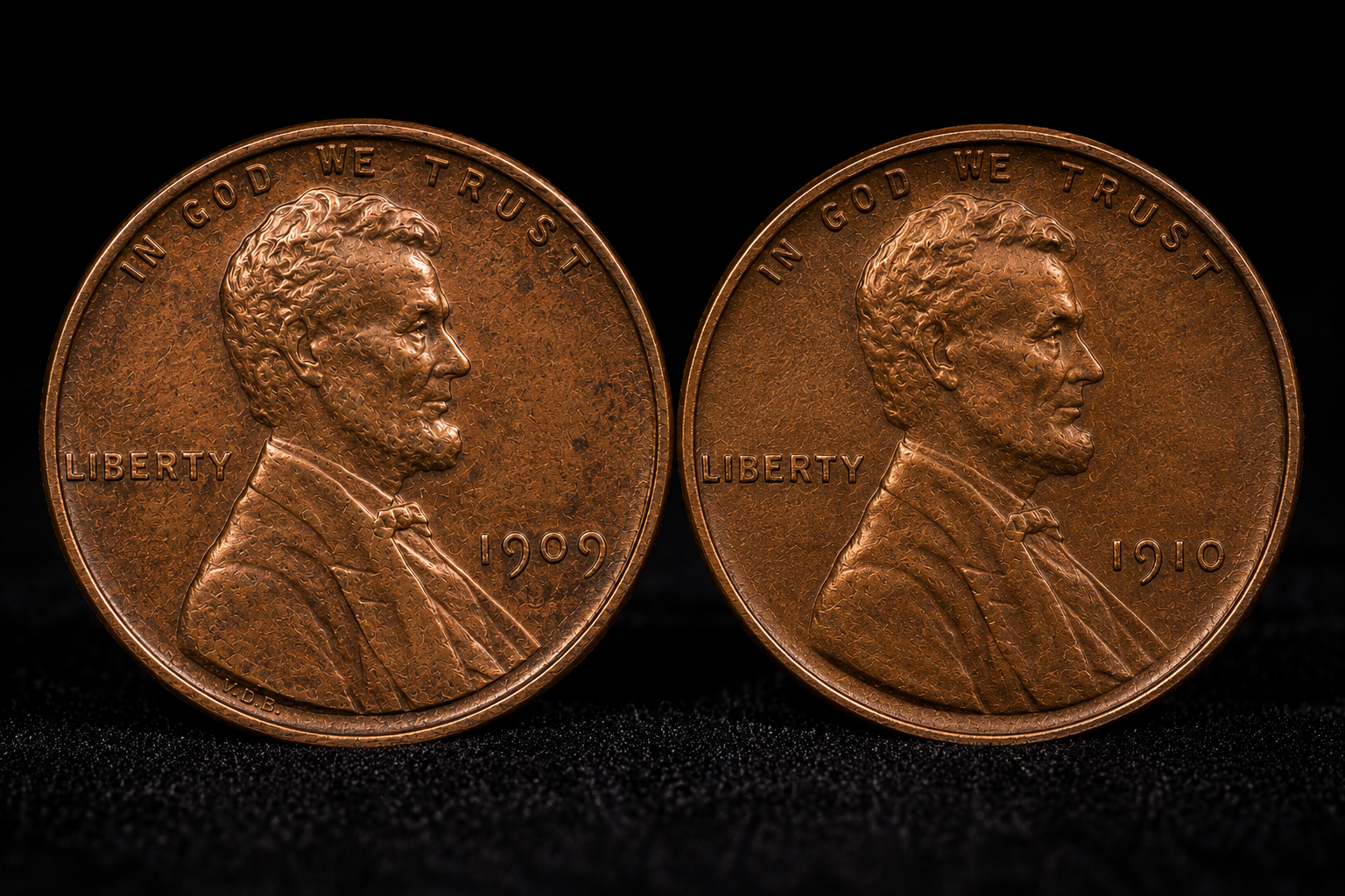 Early Lincoln Wheat Pennies illustrating the historical VDB controversy
