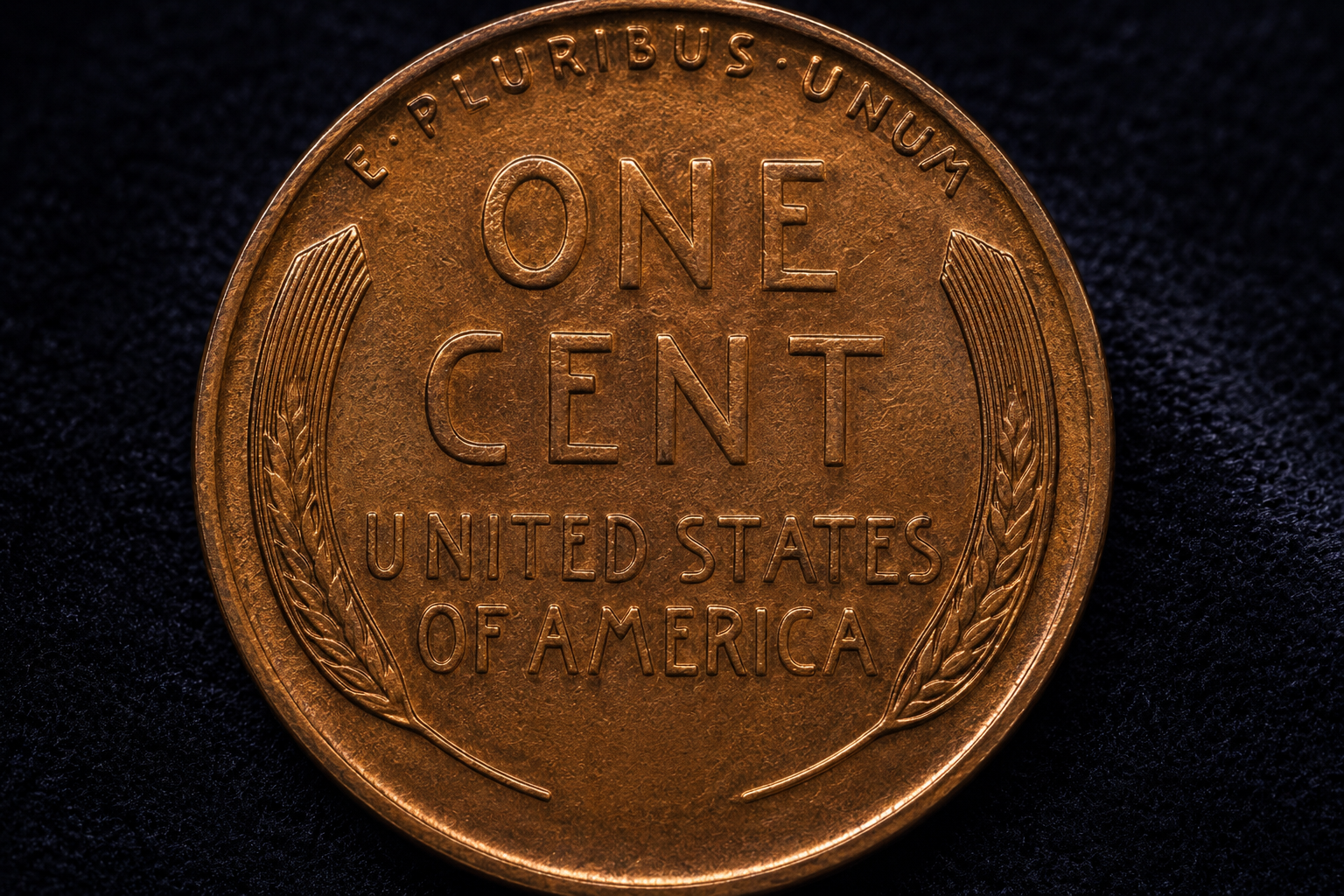 Reverse side of a Lincoln Wheat Penny showing the famous wheat ears