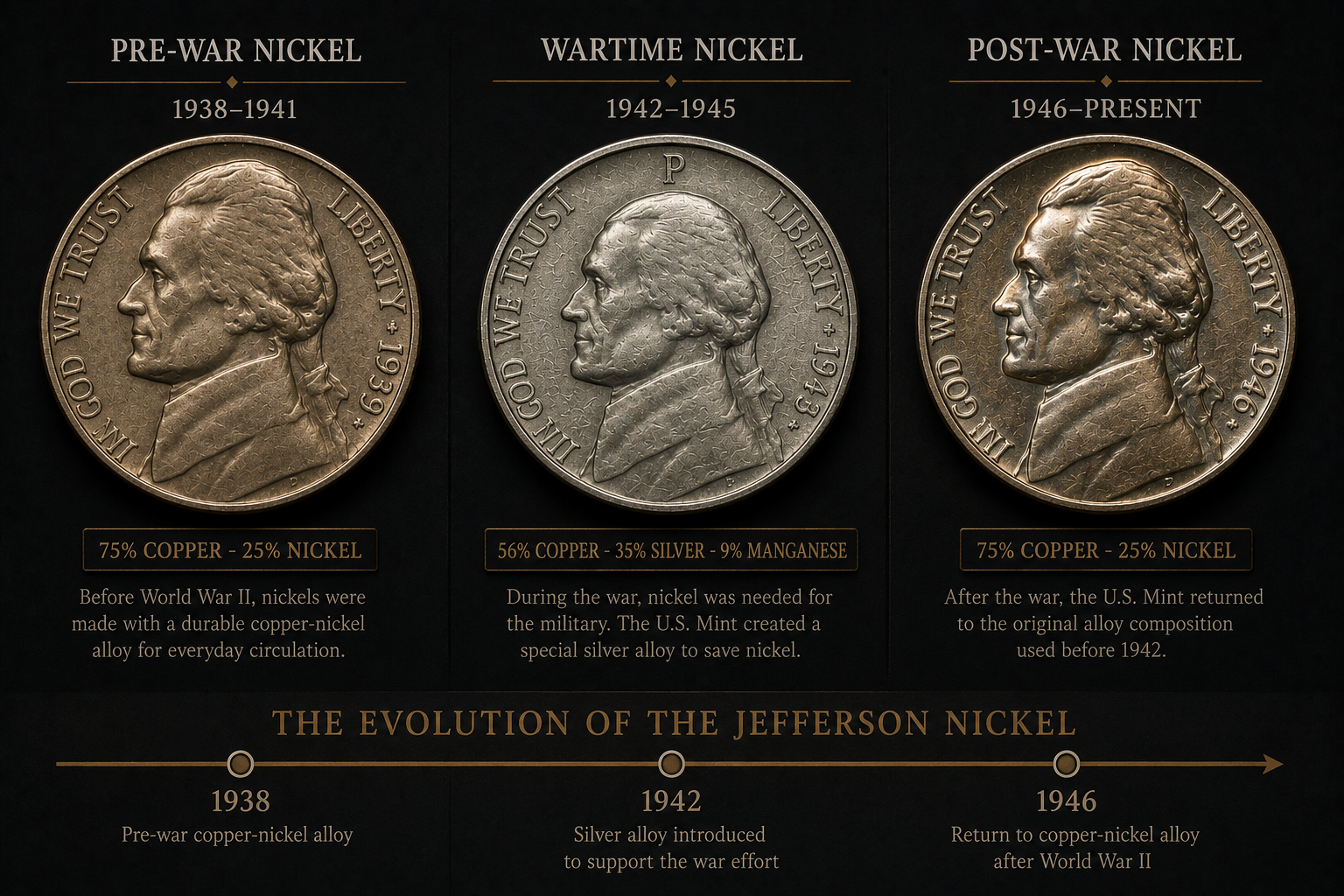 Timeline comparing pre-war wartime and post-war Jefferson nickels