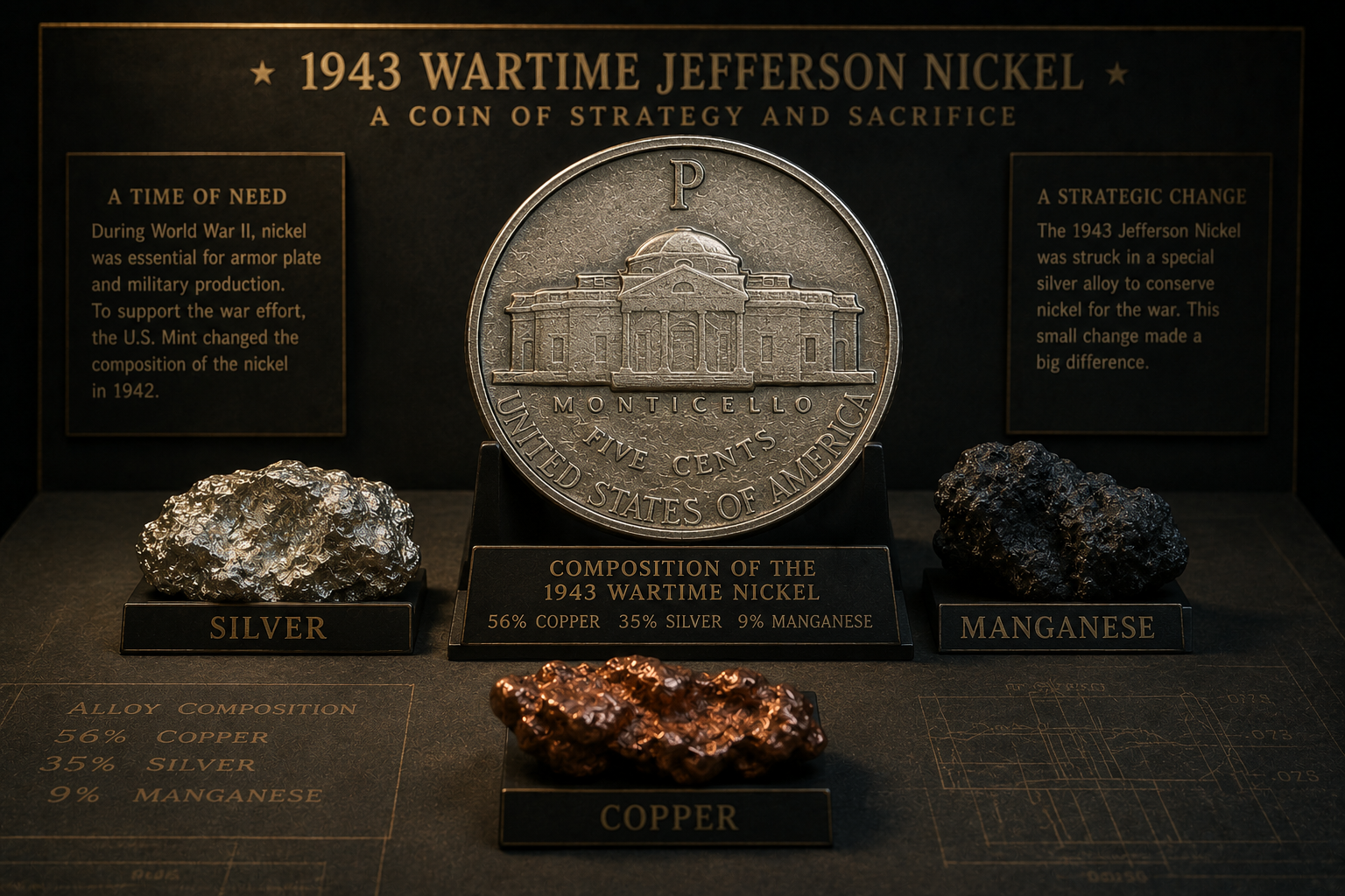 Wartime Jefferson nickel displayed with its unique wartime alloy components