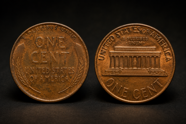1958 Lincoln Wheat Penny beside a 1959 Lincoln Memorial cent showing the major reverse design change.