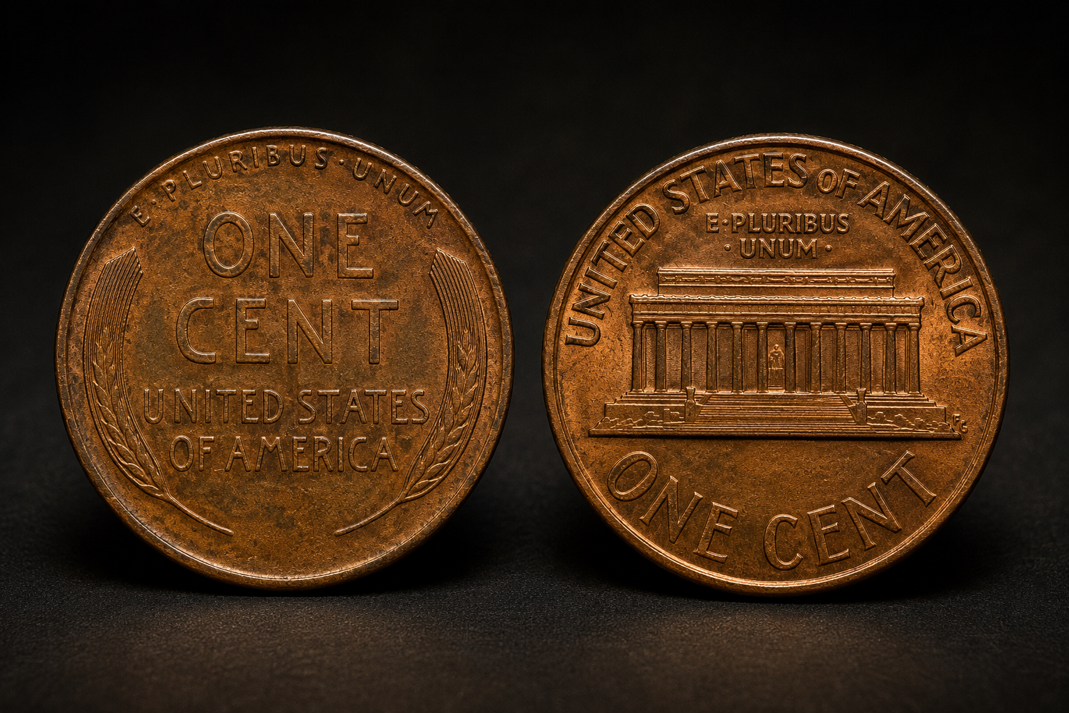1958 Lincoln Wheat Penny beside a 1959 Lincoln Memorial cent showing the major reverse design change.