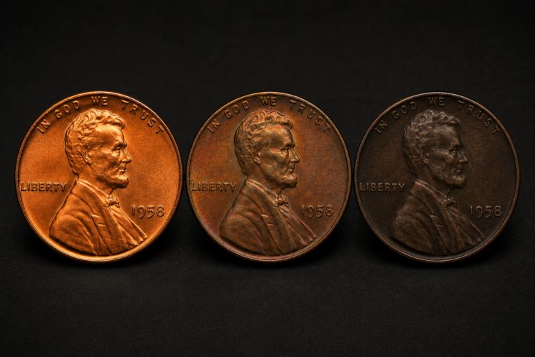 Lincoln Wheat Pennies showing red, red-brown, and dark brown natural copper colors.